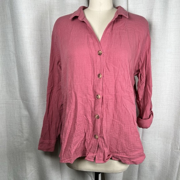 Como Vintage Tops - COMO VINTAGE Gauzy Roll-Tab Sleeve Button Up Tunic Top Textured Rose Pink‎ XL